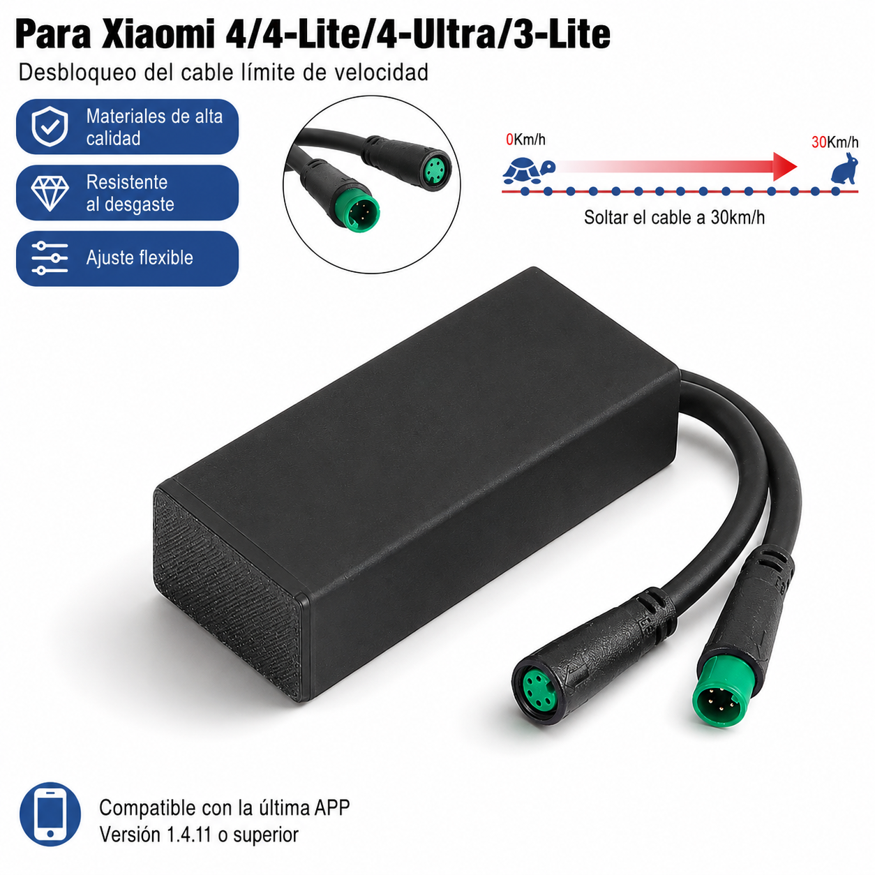 Deslimitador para Xiaomi Electric Scooter 4, 4 Lite, 4 Ultra y 3 Lite. Elimina o activa el límite fácilmente. Plug & play y compatible con app original.